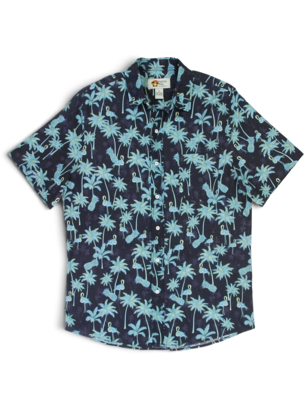 Men's Navy Short-Sleeve Button-Down Shirt with Aqua Palm & Flamingo Print